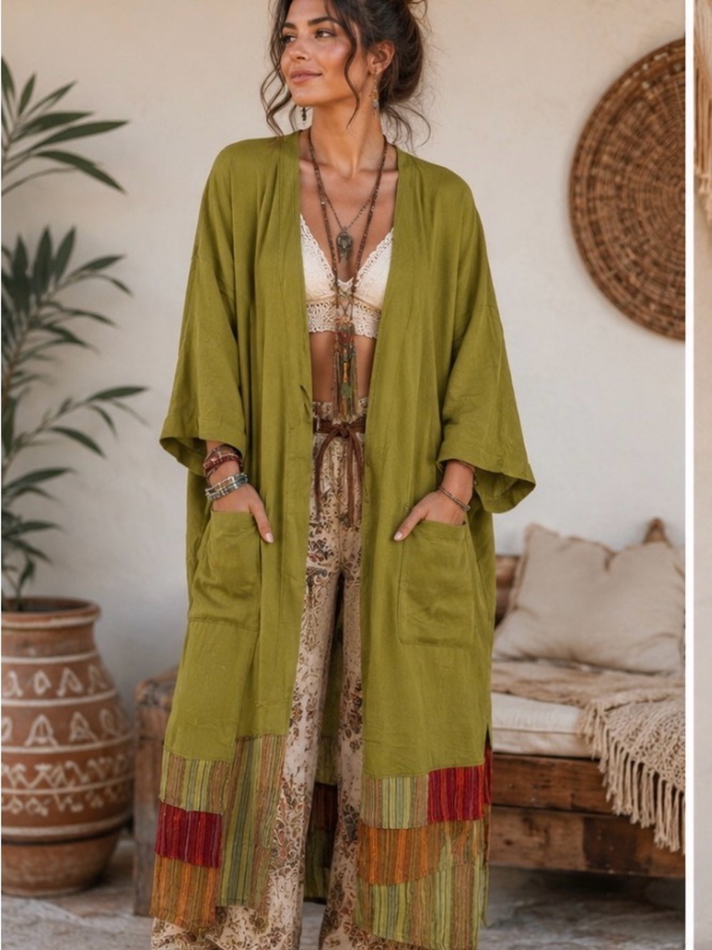 Tree of Life Boho Kimono Duster | Olive Green Open Front Cardigan |-NWT